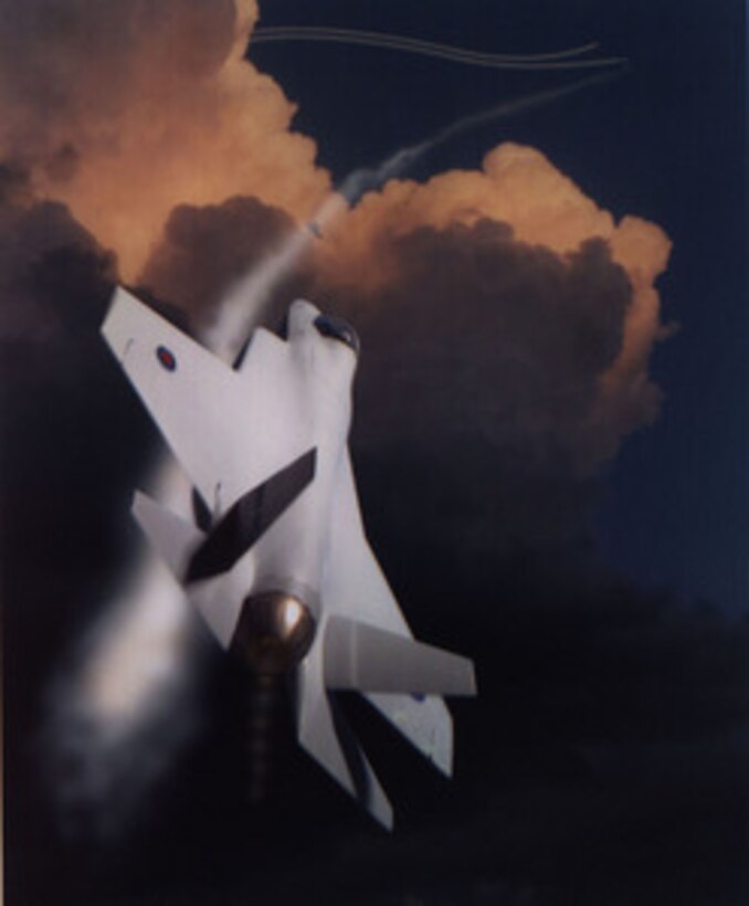 This artist's conception is the Royal Navy version of the Joint Strike Fighter to be built by Lockheed Martin. Secretary of Defense William J. Perry announced the selection of Lockheed Martin of Fort Worth, Texas, as one of two contractors to be awarded a cost-plus-fixed-fee contract for the Joint Strike Fighter Concept Demonstration Program during a briefing at the Pentagon on Nov. 16, 1996. The Joint Strike Fighter is the military's next generation, multi-role, strike aircraft designed to complement the Navy F/A-18 and the Air Force F-22 aircraft. The Concept Demonstration Program will feature flying aircraft demonstrators, ground and flight technology demonstrations, and continued refinement of the contractor's weapons system concept for the next generation strike fighter for the Navy, Marine Corps, Air Force, and Royal Navy. With the first operational aircraft delivery slated for 2008, the development program is a joint U.S.-United Kingdom effort that seeks to affordably replace aging strike assets while maintaining the national and allied combat technological edge. The Boeing Company, Seattle, Wash., will also develop their concept of the Joint Strike Fighter under a similar contract.