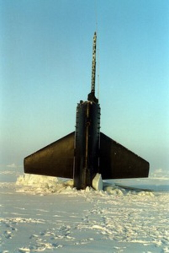 Petty Officer 2nd Class Mark Sisson stands the lookout watch while perched high on the sail of the attack submarine USS Pogy (SSN 647). The submarine is on a 45-day research mission to the North Pole. Seven scientists and technical advisors are conducting experiments and collecting samples for studies in water mass properties, geophysics, ice mechanics and pollution detection in the Arctic Ocean. While personnel are out on the ice, a lookout is continuously posted to scan the horizon for polar bear activity. The research voyage is the second of five planned deployments through the year 2000. 