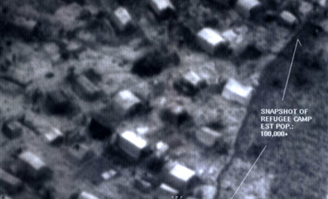 U.S. Navy aerial photograph of a refugee camp 22 nautical miles southwest of Sake, Zaire, taken on Nov. 15, 1996. 