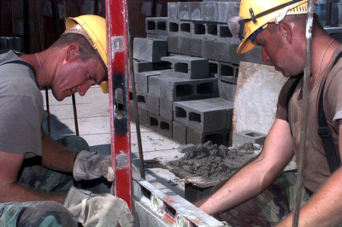Staff Sgt. Rathe Thompson (left), and Spc. Kenneth Anderson check the level and plumb of concrete block they are laying as they construct a school building at the Isidore School in Port-au-Prince, Haiti, on Sept. 20, 1996. The two U.S. Army engineers are deployed to Haiti from the 1st Platoon, Alpha Company, 864th Engineers, Fort Lewis, Wash., for a Exercise Fairwinds humanitarian relief operation. 
