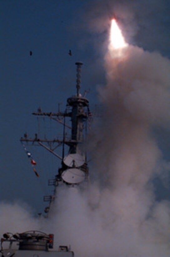 One of eight Tomahawk cruise missiles launches from the bow of the USS Laboon (DDG 58) to attack selected air defense targets in Iraq on Sept. 3, 1996. The U.S. Navy Arliegh Burke class destroyer launched the missiles at 7: 15 a.m. local time as it operated in the Persian Gulf. 