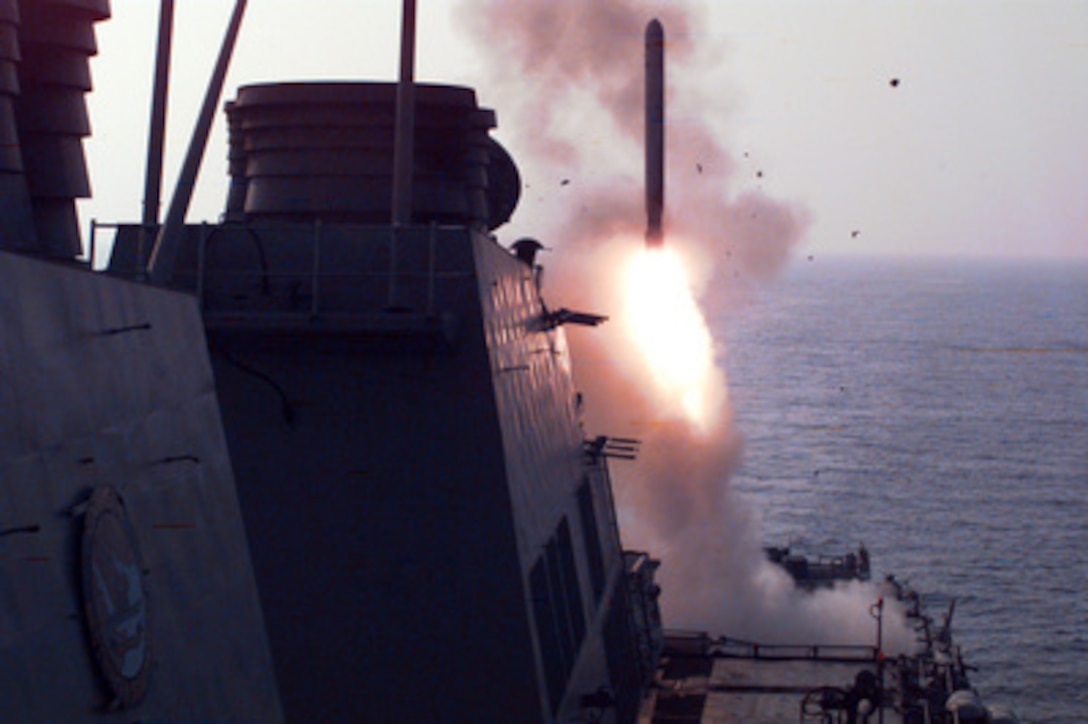 One of eight Tomahawk cruise missiles launches from the stern of the USS Laboon (DDG 58) to attack selected air defense targets in Iraq on Sept. 3, 1996. The U.S. Navy Arliegh Burke class destroyer launched the missiles at 7: 15 a.m. local time as it operated in the Persian Gulf. 
