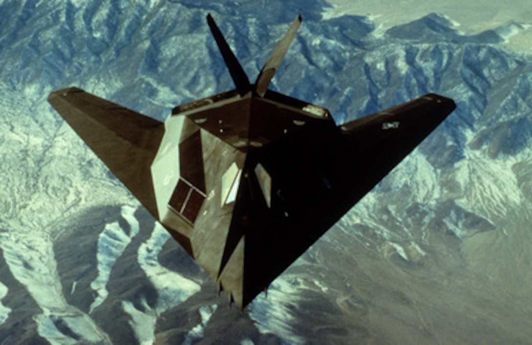 The Department of Defense announced today, Sept. 11, 1996, the deployment of U.S. Air Force F-117A Nighthawk aircraft, shown in this file photograph, to the Persian Gulf area of operations. The F-117A Nighthawk is the world's first operational aircraft designed to exploit low-observable stealth technology. The F-117A can employ a variety of weapons and is equipped with sophisticated navigation and attack systems integrated into a state-of-the-art digital avionics suite that increases mission effectiveness and reduces pilot workload. Detailed planning for missions into highly defended target areas is accomplished by an automated mission planning system developed, specifically, to take advantage of the unique capabilities of the F-117A. The aircraft will be deploying from the 49th Fighter Wing, Holloman Air Force Base, N.M. 