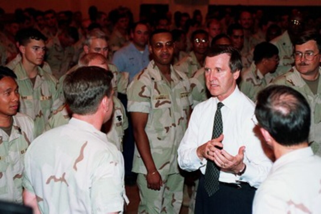 Secretary of Defense William S. Cohen meets with approximately 700 personnel during All-Hands Call of the 5th Fleet stationed in Bahrain on June 16, 1997. 