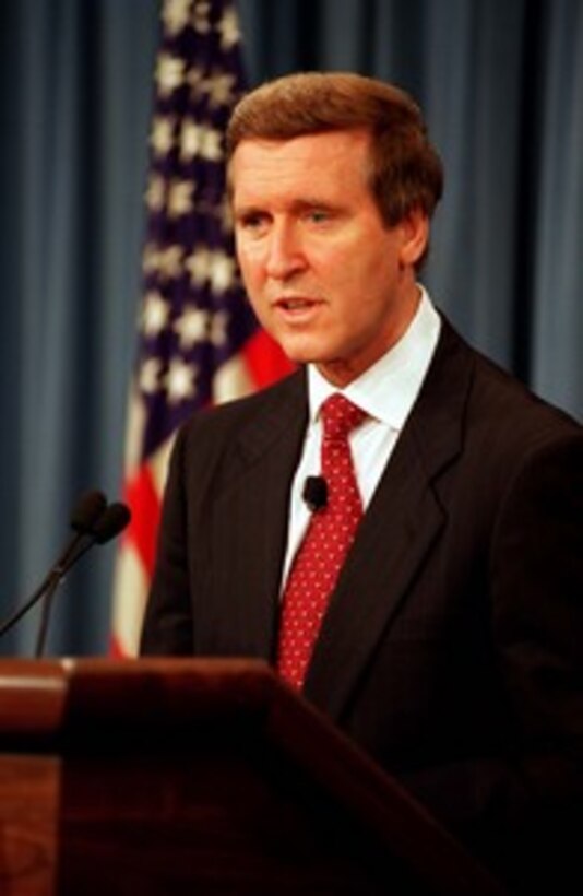 Secretary of Defense William S. Cohen presents his report on "Personal Accountability for Force Protection at Khobar Towers" at a Pentagon briefing on July 31, 1997. 