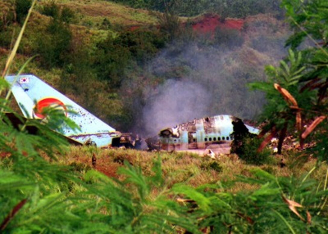 U.S. Air Force firefighters and Guam Police Department rescuers survey the wreckage of Korean Airlines flight 801 on Aug 6, 1997.   U.S. Navy, U.S. Coast Guard, U.S. Air Force, and numerous civilian rescue teams, currently assisting in the search and rescue efforts of KAL flight 801, evacuated survivors from the crash site during the early morning of August 6th. 