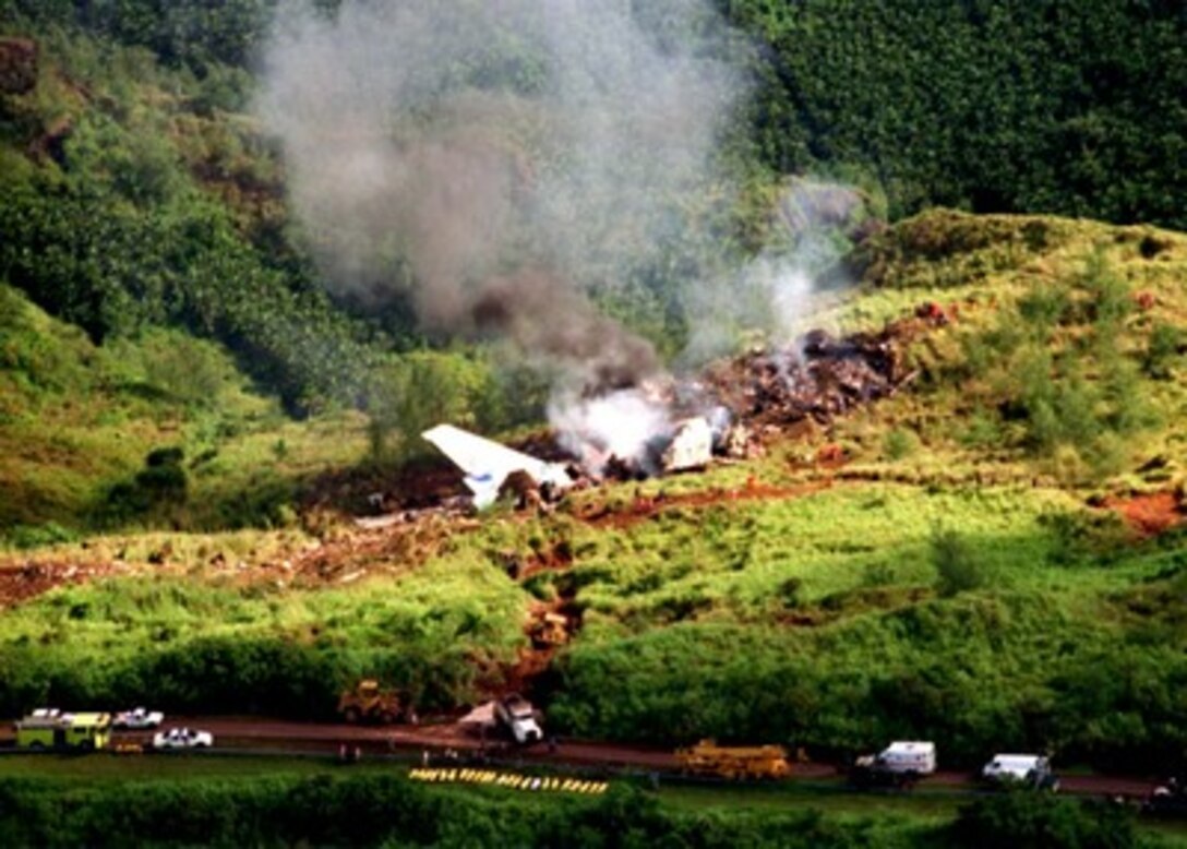 Aerial views of Sasa Valley crash site of Korean Airlines flight 801 on Aug. 6, 1997.  U.S. Navy, U.S. Coast Guard, U.S. Air Force, and numerous civilian rescue teams, currently assisting in the search and rescue efforts of KAL flight 801, evacuated survivors from the crash site during the early morning of August 6th. 