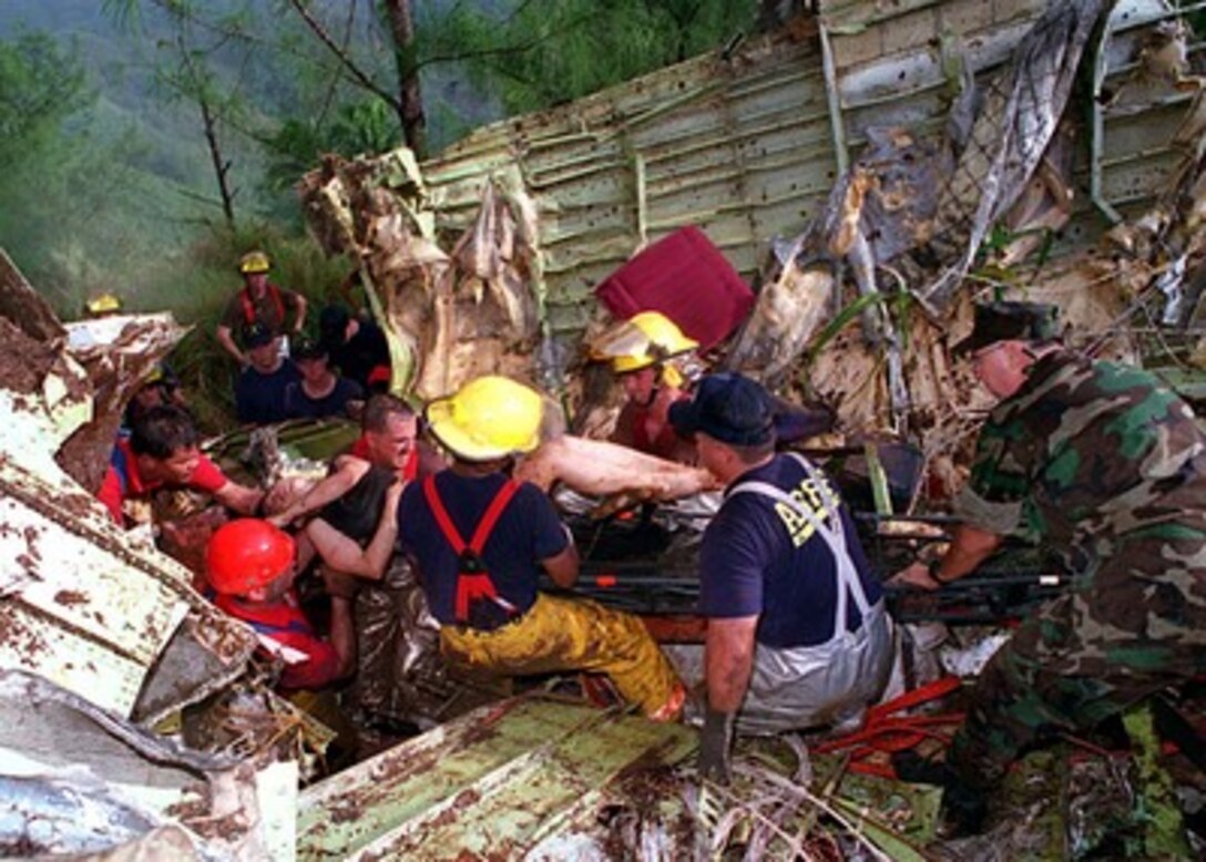 U.S. Navy, U.S. Air Force, U.S. Coast Guard and civilian rescuers remove a survivor from the wreckage of Korean Airlines flight 801.   U.S. Navy, U.S. Air Force, U.S. Coast Guard and numerous civilian rescue teams, currently assisting in the search and rescue efforts of KAL flight 801, evacuated survivors from the crash site during the early morning of August 6th. 