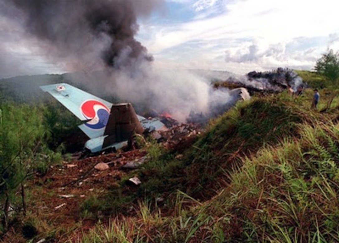 The tail section of Korean Airlines flight 801 stands at the crash site.