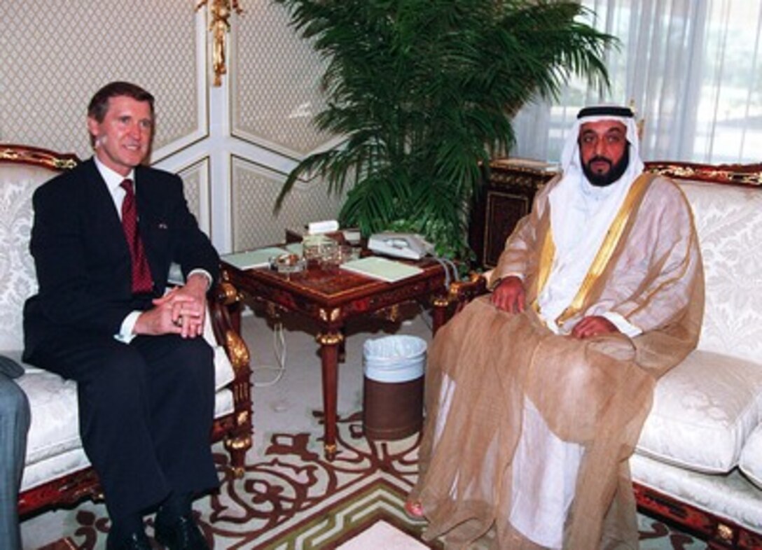 Secretary of Defense William S. Cohen (left) travels to Abu Dhabi, United Arab Emirates on June 17, 1997, and meets with His Highness Sheikh Khalifa Bin Zayed Al Nahyan (right), Crown Prince and Deputy Supreme Comander of the U.A.E. Armed Forces. 