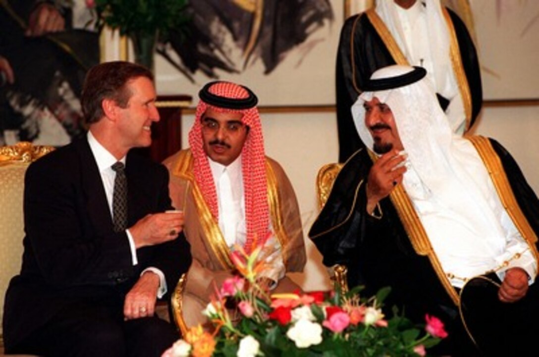 Secretary of Defense William S. Cohen (left) traveled to Jeddah, Kingdom of Saudi Arabia on June 14, 1997, and was met by Minister of Defense and Aviation His Royal Highness, Prince Sultan bin Abd al-Aziz Al Saud (right). 