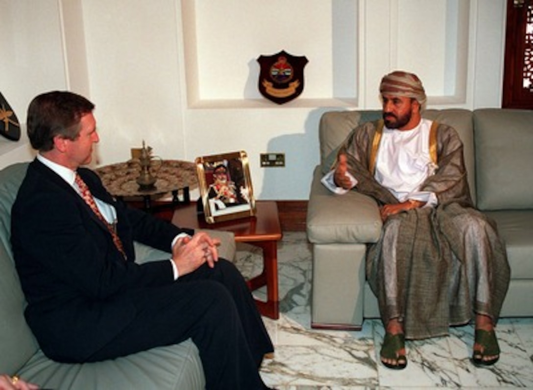 His Excellency Sayyid Badr bin Sa'ud Al-Busaidi (right), Minister Responsible for Defense of Oman, meets with Secretary of Defense William S. Cohen (left) on June 18, 1997, at Bayt Al-Falaj. 