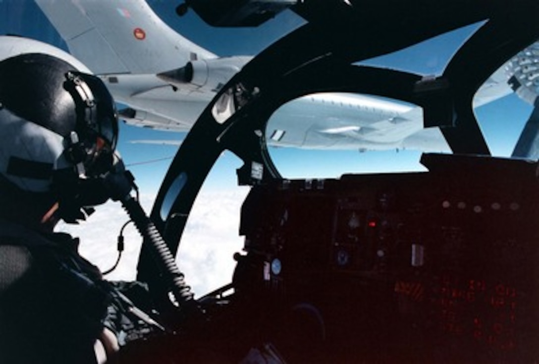 U.S. Navy Lt. Greg Parker maneuvers his EA-6B Prowler behind the starboard wing of a United Kingdom Royal Air Force VC10 K tanker during in-flight refueling over the Persian Gulf on Dec. 29, 1997. Parker and his aircraft are assigned to Tactical Electronic Warfare Squadron 137 as part of Carrier Air Wing One embarked on the aircraft carrier USS George Washington (CVN 73). The Washington is operating in the Persian Gulf in support of Operation Southern Watch which is the U.S. and coalition enforcement of the no-fly-zone over Southern Iraq. Parker is from Sand Point, Idaho. 