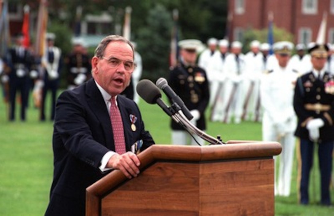 Deputy Secretary of Defense John P. White makes farewell remarks during his Armed Forces Full Honor Review and Award ceremony on June 30, 1997. The farewell ceremony is being hosted by Secretary of Defense William S. Cohen and Gen. John M. Shalikashvili, U.S. Army, chairman of the Joint Chiefs of Staff. 