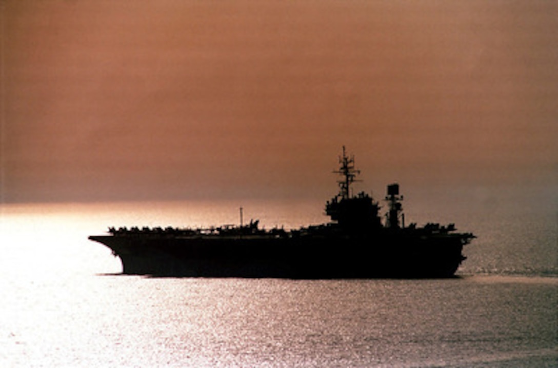 The U.S. Navy aircraft carrier USS Constellation (CV 64) steams in the Persian Gulf on May 25, 1997, during Operation Southern Watch. Southern Watch is the U.S. and coalition enforcement of the no-fly-zone over Southern Iraq. The Constellation Battle Group and its air wing are enforcing the no-fly zones and also are monitoring shipping in the Persian Gulf region. 