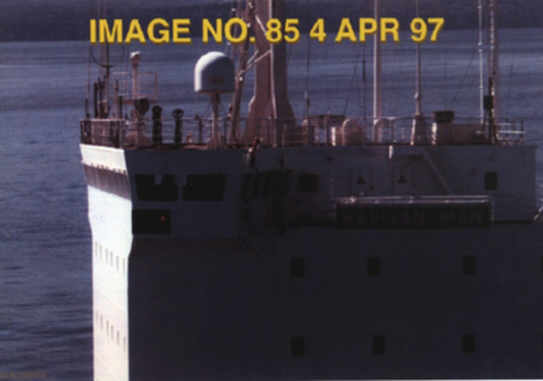 A view of part of the superstructure of the Russian merchant vessel M/V Kapitan Man, in Puget Sound near Seattle, Wash., on April 4, 1997. The Department of Defense (DoD) recently completed its investigation of a suspected lasing incident involving this vessel on that date. The results of the investigation indicate that the eye injuries of an American officer are consistent with injuries that would be expected from exposure to a low level laser, such as a laser range-finder. However, there is no evidence to indicate the source of the laser or to link the officer's eye injury to a laser on the Kapitan Man.