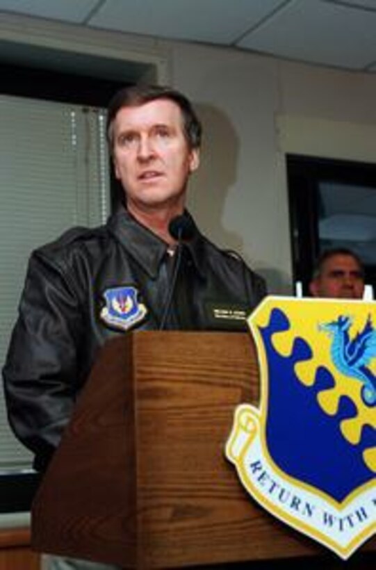 Secretary of Defense William S. Cohen addresses U.S. and allied troops at Aviano Air Base, Italy, on March 6, 1997, before boarding an Air Force C-17 Globemaster III for Bosnia and Herzegovina. He commended the troops for their efforts supporting NATO operations in Bosnia. 