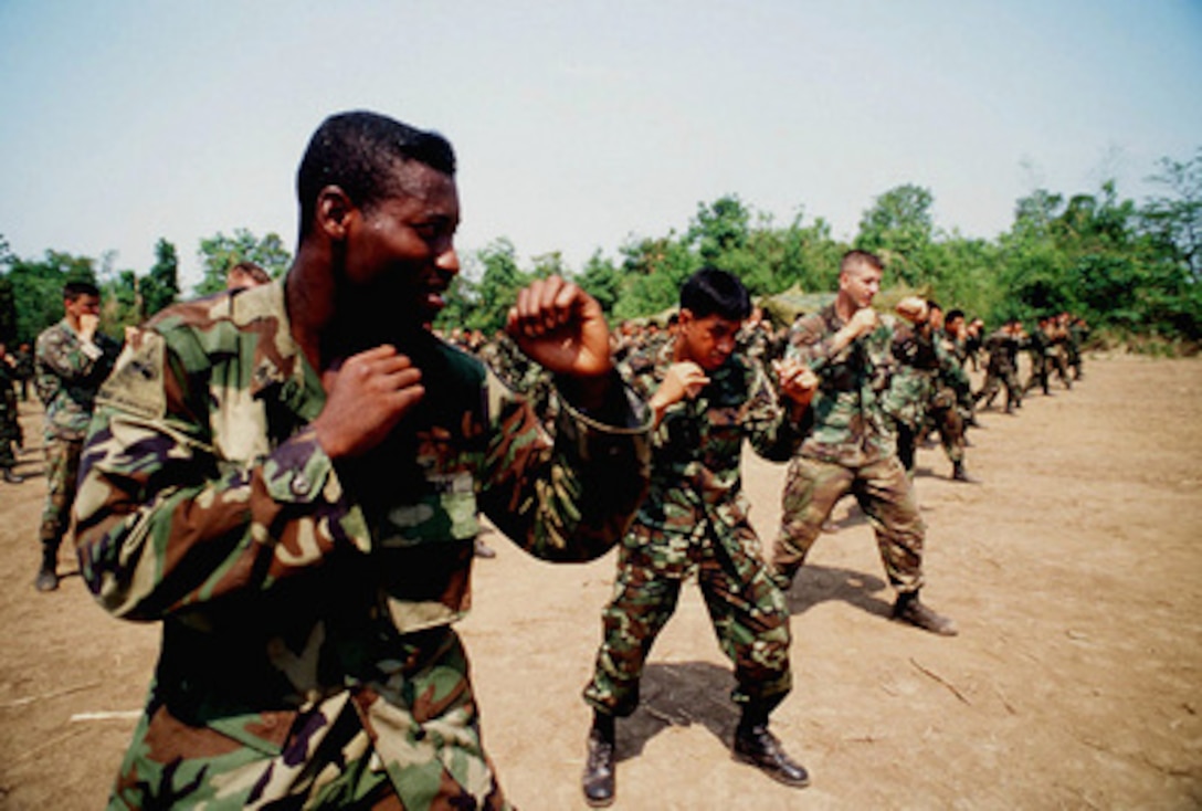 U.S. Army Sgt. Jerry D. White (left), Royal Thai Master Sgt. Satit Sitparsert (center) and U.S. Army Spc. James M. Lupo hold their fighting stance during hand-to-hand combat training as part of Exercise Cobra Gold '97 in Tak, Thailand, on May 15, 1997. Cobra Gold '97 is the latest in a continuing series of U.S. /Thai military exercises designed to ensure regional peace and strengthen the ability of the Royal Thai Armed Forces to defend Thailand. The training will include joint combined air, land and sea operations. Cobra Gold is the largest strategic mobility exercise involving the U.S. Pacific Command forces this year. White and Lupo are attached to Alpha Company, 1st Battalion, 27th Infantry. Sitparsert is attached to the Thai 3rd Regiment, 17th Infantry. 