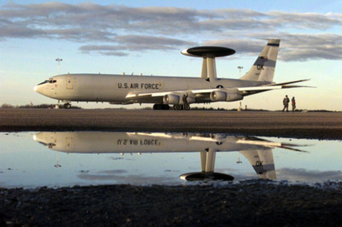 A U.S. Air Force E-3 Sentry airborne warning and control system (AWACS) aircraft is prepared for an Exercise Amalgam Warrior mission on Nov. 3, 1997, at 4 Wing Cold Lake, Canada. Amalgam Warrior is a North American Aerospace Defense Command (NORAD) air intercept and air defense exercise for U.S. and Canadian forces. The Sentry is deployed for the exercise from the 552nd Air Control Wing, Tinker Air Force Base, Okla. 