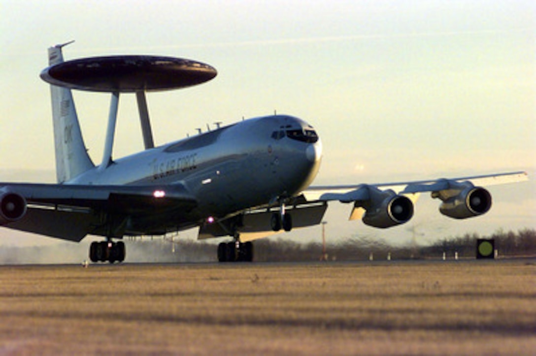 A U.S. Air Force E-3 Sentry airborne warning and control system (AWACS) aircraft touches down at 4 Wing Cold Lake, Canada, as it returns from an Exercise Amalgam Warrior mission on Nov. 3, 1997. Amalgam Warrior is a North American Aerospace Defense Command (NORAD) air intercept and air defense exercise for U.S. and Canadian forces. The Sentry is deployed for the exercise from the 552nd Air Control Wing, Tinker Air Force Base, Okla. 