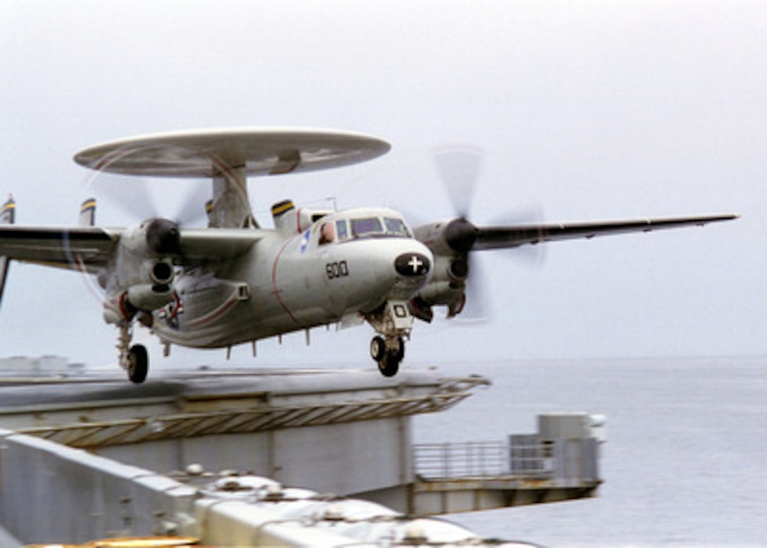 A U.S. Navy E-2C Hawkeye launches from the waist catapult during flight operations onboard the USS Nimitz (CVN 68) in the Persian Gulf on Nov. 10, 1997. The Nimitz and embarked Carrier Air Wing 9 are operating in the Persian Gulf in support of the U.S. and coalition enforcement of the no-fly-zone over Southern Iraq. The Hawkeye provides all-weather airborne early warning and command and control functions for the carrier battle group. The Hawkeye is assigned to Carrier Airborne Early Warning Squadron 112, from Naval Air Station Miramar, Calif. 