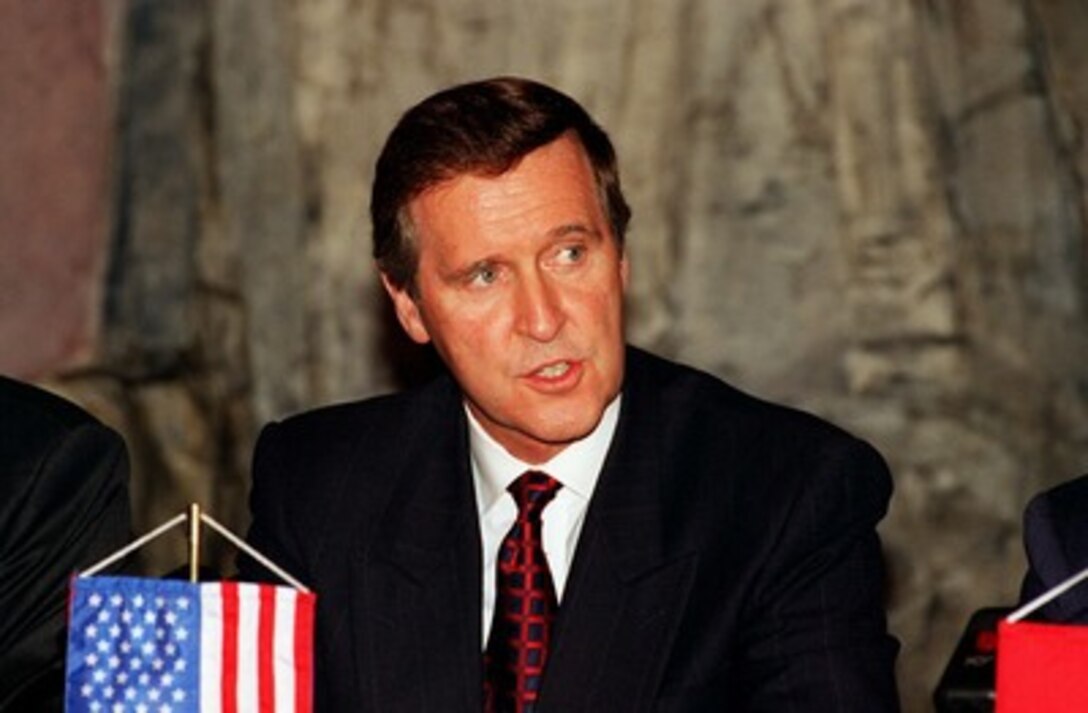 Secretary of Defense William S. Cohen makes his remarks during the press conference concluding the Southeastern European Defense Ministerial on Oct. 3, 1997. Cohen is in Sofia, Bulgaria, to take part in the ministerial to discuss specific measures toward creating conditions for stability in the region. 