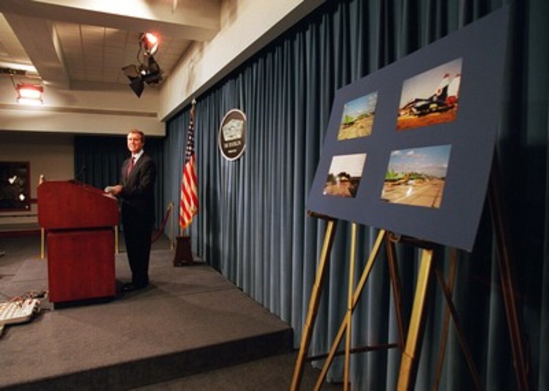 Secretary of Defense William S. Cohen responds to a reporter's question during his introduction to a press briefing on the recently concluded Cooperative Threat Reduction Initiative on Nov. 4, 1997. The Department of Defense of the United States of America and the Ministry of Defense of the Republic of Moldova recently reached an agreement to implement the Cooperative Threat Reduction accord signed on June 23, 1997, in Moldova. This agreement authorized the United States Government to purchase nuclear-capable MiG-29 fighter planes from the Government of Moldova. This is a joint effort by both governments to ensure that these dual-use military weapons do not fall in to the hands of rogue states. 