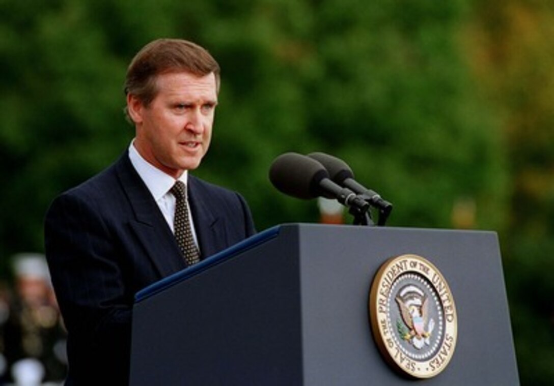 Secretary of Defense William S. Cohen delivers his remarks during the farewell ceremony for Chairman of the Joint Chiefs of Staff Gen. John M. Shalikashvili, at Fort Myer, Va., on Sept. 30, 1997. Shalikashvili is retiring from the U.S. Army and his job as the nation's senior military officer and will be succeeded by Gen. Henry H. Shelton, U.S. Army. 