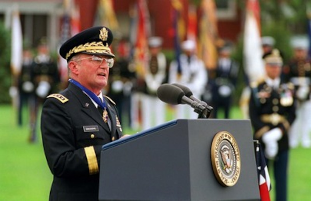 Chairman of the Joint Chiefs of Staff Gen. John M. Shalikashvili, U.S. Army, delivers his remarks during his farewell ceremony at Fort Myer, Va., on Sept. 30, 1997. Shalikashvili is retiring from the U.S. Army and his job as the nation's senior military officer and will be succeeded by Gen. Henry H. Shelton, U.S. Army. President Bill Clinton awarded Shalikashvili the Presidential Medal of Freedom earlier in the ceremony. 