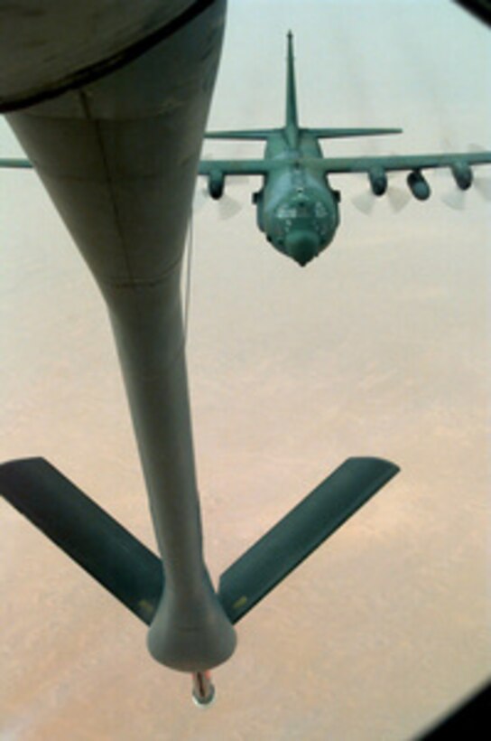 A U.S. Air Force MC-130 Combat Talon approaches the refueling boom of a KC-135T Stratotanker to refuel in flight as the two aircraft fly over the central region of Africa on Sept. 15, 1997. The MC-130 is carrying search and rescue teams from RAF Mildenhall, England, to Libreville, Gabon. Libreville is the staging area for U.S. air and sea rescue operations currently underway to find survivors from a U.S. Air Force C-141 cargo aircraft which crashed Sept. 13, 1997, near the Ascension Islands off of Africa's western coast. The C-141 was assigned to the 305th Air Mobility Wing, McGuire Air Force Base, N.J., and has been reported missing for more than 36 hours. The Stratotanker is deployed from the 384th Air Refueling Squadron, McConnell Air Force Base, Kan. 