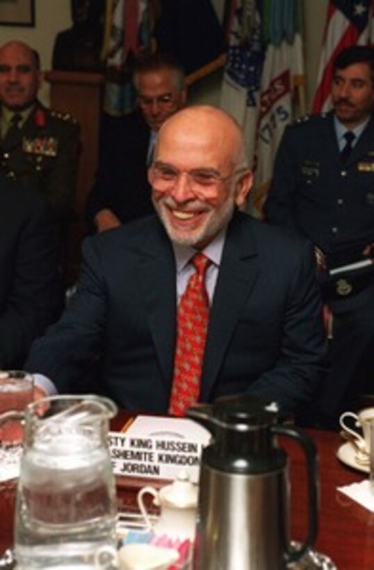 His Majesty King Hussein I, of the Hashemite Kingdom of Jordan, meets with Secretary of Defense William S. Cohen at the Pentagon on March 19, 1998. 