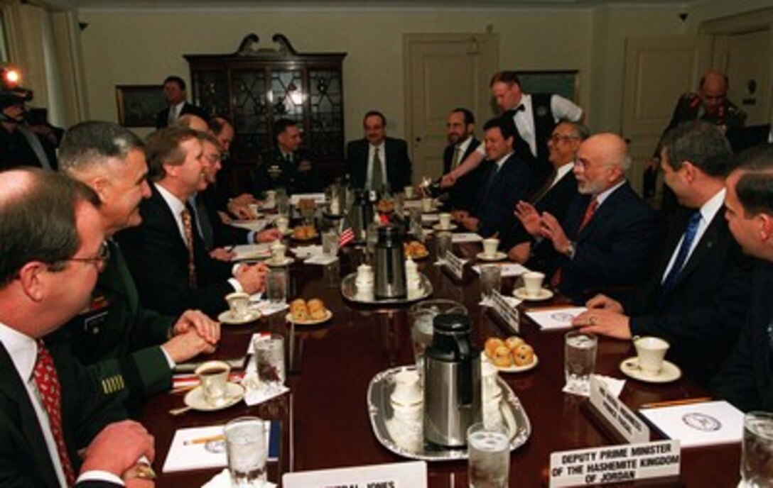 His Majesty King Hussein I, of the Hashemite Kingdom of Jordan (third from right), meets with Secretary of Defense William S. Cohen (third from left) at the Pentagon on March 19, 1998. 