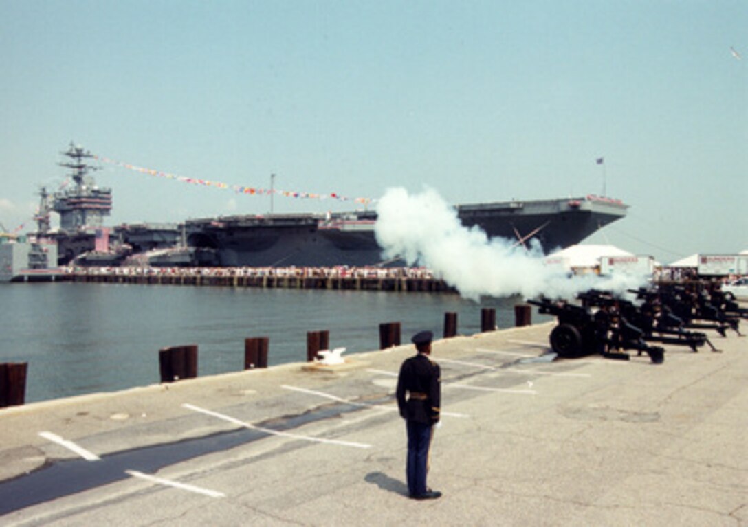 The U.S. Navy commissions its eighth Nimitz class aircraft carrier USS Harry S. Truman CVN 75 with a 21 gun salute during ceremonies held at the Norfolk Naval Base, Norfolk, VA. 