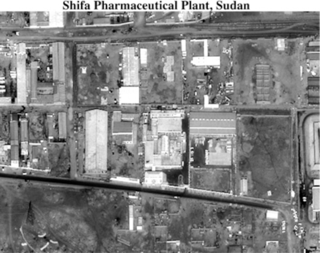 Photograph of the Shifa Pharmaceutical Plant, Sudan, used by Secretary of Defense William S. Cohen and Gen. Henry H. Shelton, U.S. Army, chairman, Joint Chiefs of Staff, to brief reporters in the Pentagon on the U.S. military strike on a chemical weapons plant in Sudan and terrorist training camps in Afghanistan on Aug. 20, 1998. (Released)