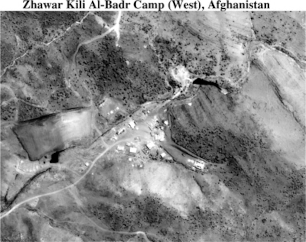 Photograph of the Zhawar Kili Al-Badr Camp (West), Afghanistan, used by Secretary of Defense William S. Cohen and Gen. Henry H. Shelton, U.S. Army, chairman, Joint Chiefs of Staff, to brief reporters in the Pentagon on the U.S. military strike on a chemical weapons plant in Sudan and terrorist training camps in Afghanistan on Aug. 20, 1998. (Released)