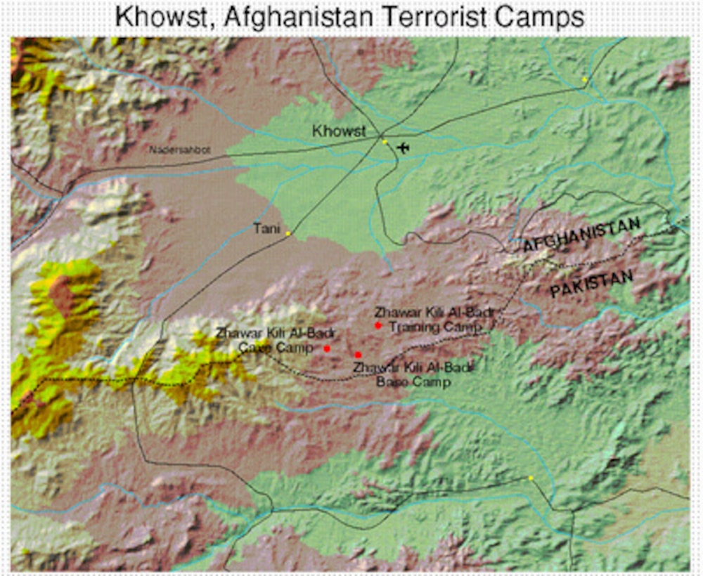 Map of the Khowst, Afghanistan Terrorist Camps, used by Secretary of Defense William S. Cohen and Gen. Henry H. Shelton, U.S. Army, chairman, Joint Chiefs of Staff, to brief reporters in the Pentagon on the U.S. military strike on a chemical weapons plant in Sudan and terrorist training camps in Afghanistan on Aug. 20, 1998. (Released)