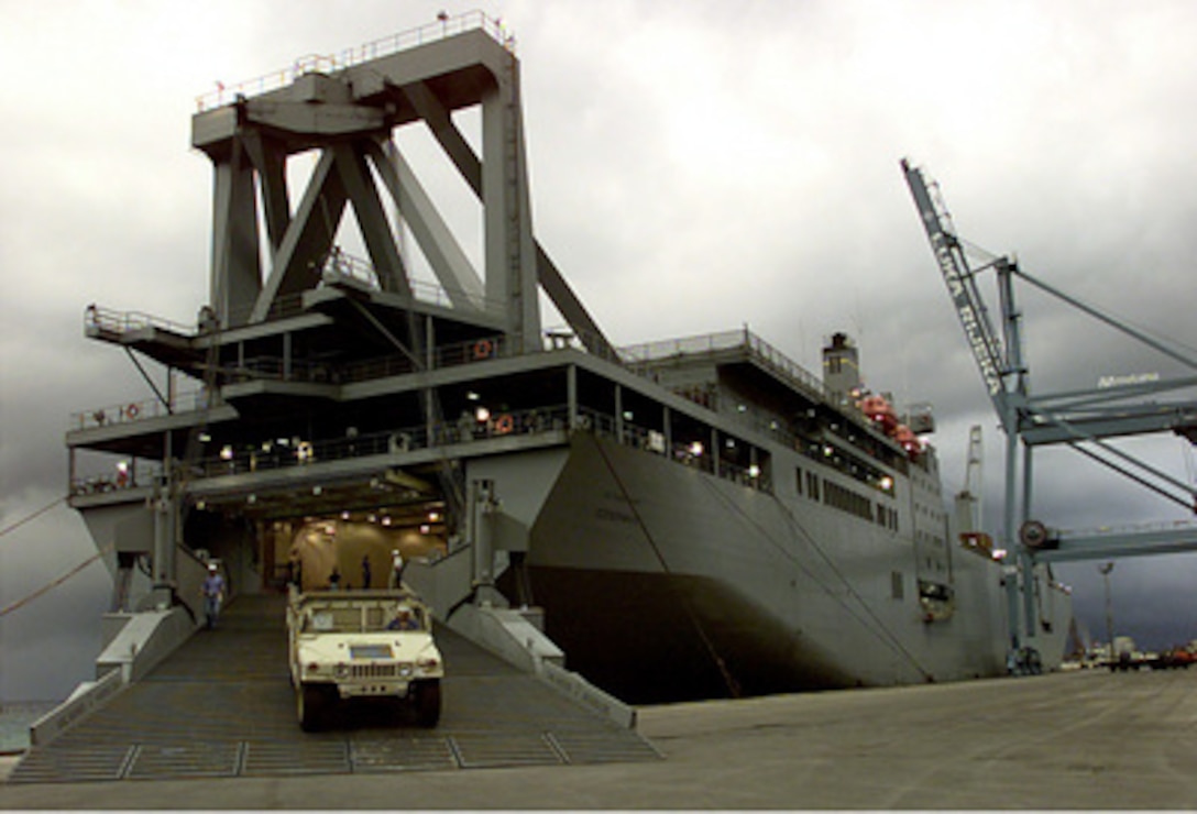 A U.S. Army Humvee is the first vehicle to roll off the Military Sealift Command ship USNS Soderman at Rijeka, Croatia, on Aug. 23, 1998. Soderman, one of the U.S. Navy's large, medium-speed, roll-on/roll-off ships, is off-loading 29 helicopters and hundreds of vehicles and containers in support of the U.S. Army 1st Cavalry Division deployment to Bosnia and Herzegovina for Operation Joint Forge. This is the first time a port in the former Republic of Yugoslavia is being used to off-load heavy combat equipment in support of NATO peacekeeping forces in the region. The 1st Cavalry is deployed from Fort Hood, Texas. 