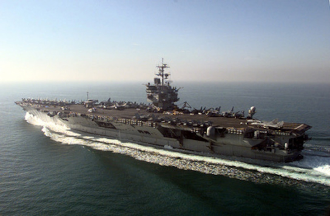 The aircraft carrier USS Enterprise (CVN 65) steams to the southern end of its operating area in the Persian Gulf the morning after the first wave of air strikes on Iraqi targets on Dec. 17, 1998, in support of Operation Desert Fox. 