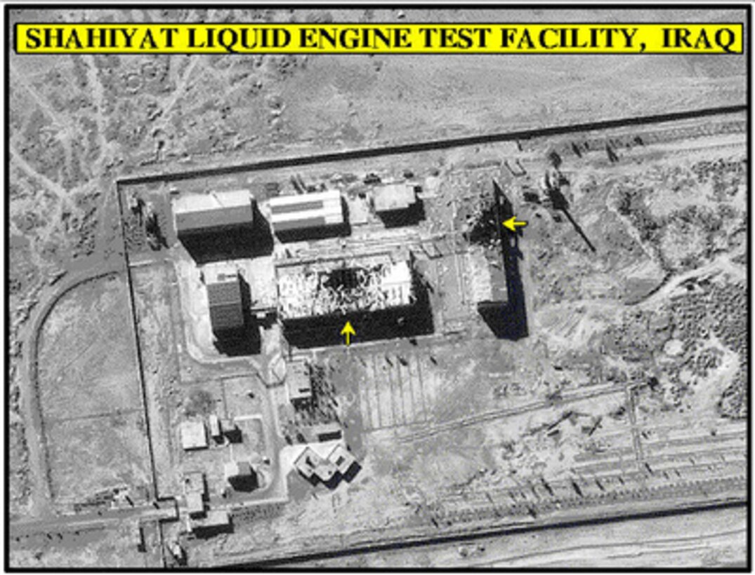 Bomb damage assessment photo of the Shahiyat Liquid Engine Research, Development and Testing Facility, Iraq, used by Chairman of the Joint Chiefs of Staff Gen. Henry H. Shelton, U.S. Army, on television on Dec. 20, 1998. 