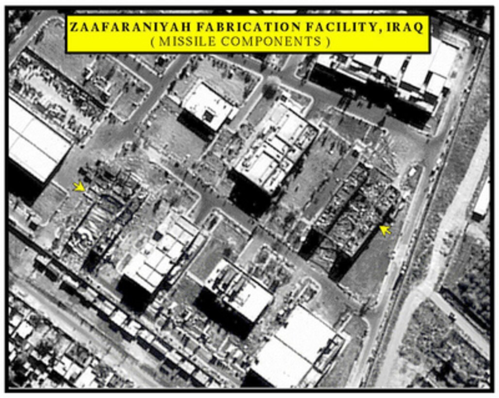Bomb damage assessment photo of the Zaafaraniyah Fabrication Facility, Iraq, used by Chairman of the Joint Chiefs of Staff Gen. Henry H. Shelton, U.S. Army, on television on Dec. 20, 1998. 