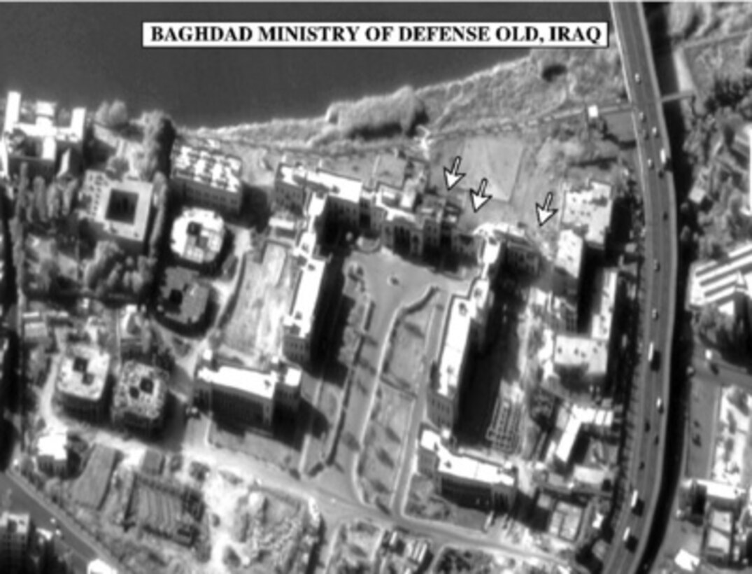 Bomb damage assessment photo of the Baghdad Ministry of Defense Old, Iraq, used by Gen. Anthony C. Zinni, U.S. Marine Corps, commander in chief, United States Central Command, during a press briefing in the Pentagon on Dec. 21, 1998. 