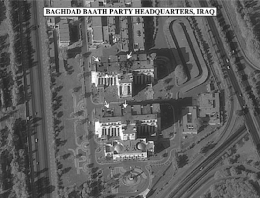 Bomb damage assessment photo of the Baghdad Baath Party Headquarters, Iraq, used by Gen. Anthony C. Zinni, U.S. Marine Corps, commander in chief, United States Central Command, during a press briefing in the Pentagon on Dec. 21, 1998. 