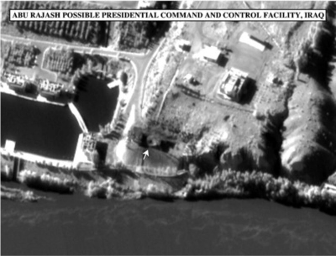 Bomb damage assessment photo of the Abu Rajash Possible Presidential Command and Control Facility, Iraq, used by Gen. Anthony C. Zinni, U.S. Marine Corps, commander in chief, United States Central Command, during a press briefing in the Pentagon on Dec. 21, 1998. 