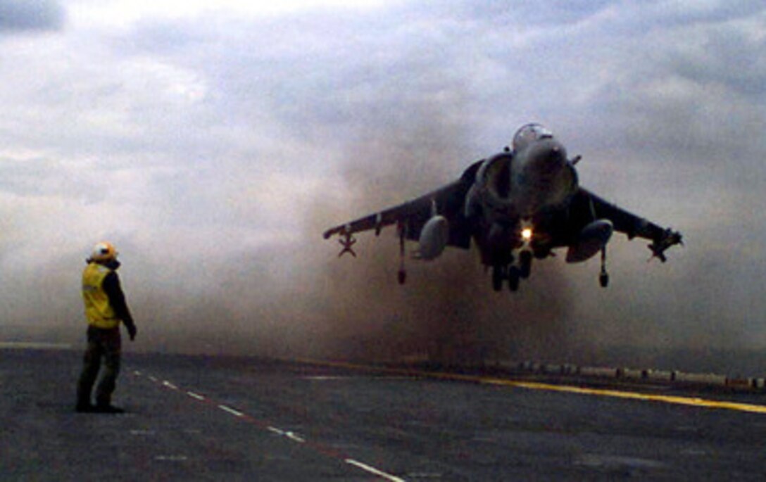 A U.S. Marine Corps AV-8B Harrier lands on board the amphibious assault ship USS Wasp (LHD 1) on Jan. 13, 1998, during Joint Task Force Exercise 98-1. More than 30,000 U.S. military personnel are participating in the exercise which is testing joint forces on their ability to deploy rapidly and conduct joint operations during a crisis. All branches of the armed forces are training side-by-side using the latest advances in technology in a simulated high-threat environment that involves air, naval and ground operations. 