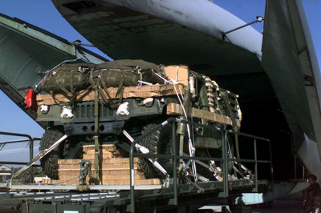 A Humvee prepared for an airdrop is blanketed with parachutes and shored-up with corrugated cardboard before being pushed into a U.S. Air Force C-141 Starlifter at Pope Air Force Base, N.C., on Jan. 26, 1998. Nearly 80 aircraft will airdrop personnel and equipment into a Fort Bragg landing zone in one of the largest airborne operations since World War II as part of Joint Task Force Exercise 98-1. More than 30,000 U.S. military personnel are participating in the exercise which is testing joint forces on their ability to deploy rapidly and conduct joint operations during a crisis. All branches of the armed forces are training side-by-side using the latest advances in technology in a simulated high-threat environment that involves air, naval and ground operations. 