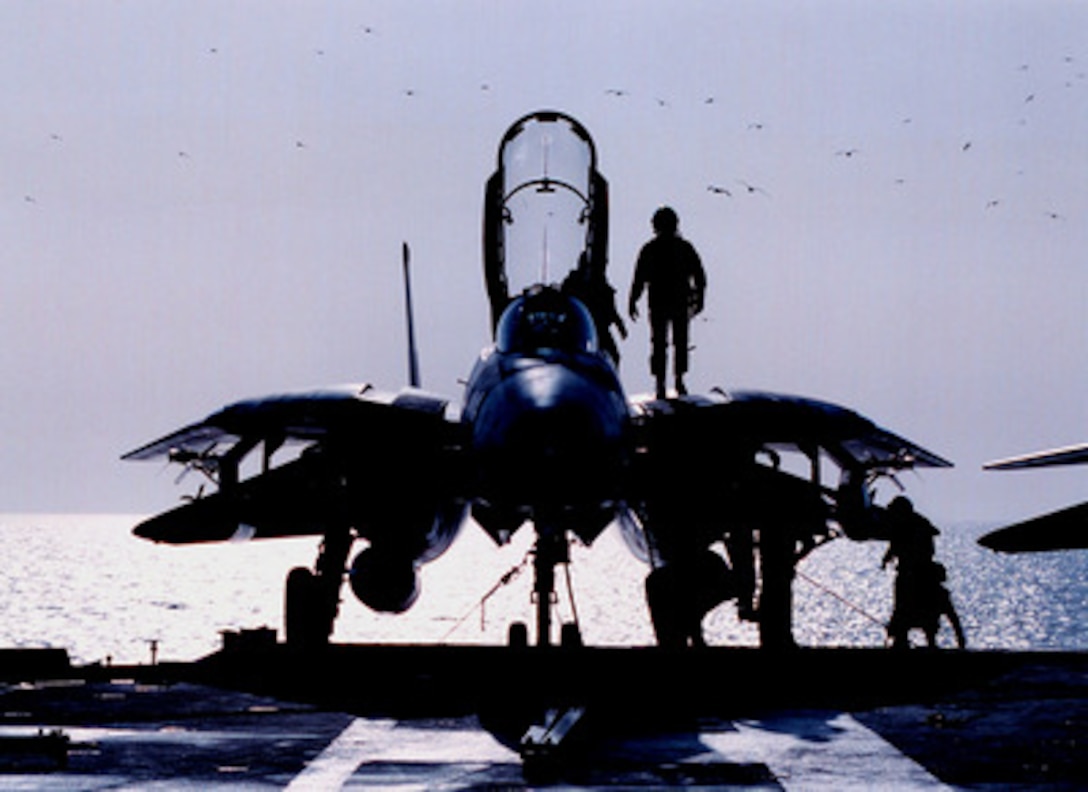 A pilot from Fighter Squadron 102 gives his F-14B Tomcat a pre-flight inspection on the flight deck of the aircraft carrier USS George Washington (CVN 73 as the ship steams in the Persian Gulf on Feb. 2, 1998. The Washington battle group is operating in the Persian Gulf in support of Operation Southern Watch which is the U.S. and coalition enforcement of the no-fly-zone over Southern Iraq. Fighter Squadron 102 is deployed to the Washington from Naval Air Station Oceana, Va. 