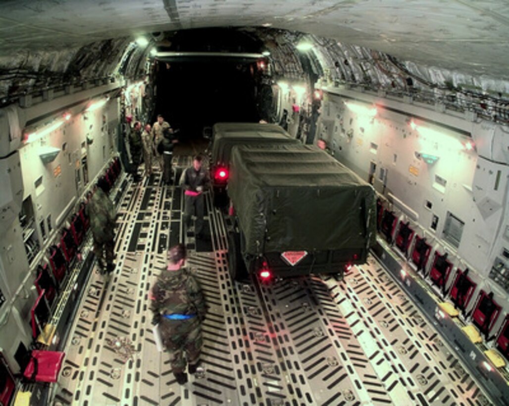 A 437th Civil Engineer Squadron explosive ordnance disposal team Humvee and trailer are backed into a C-17A Globemaster III at Charleston Air Force Base, S.C., on Feb. 8, 1998. The Globemaster is air-lifting personnel and vehicles of the 437th Civil Engineer Squadron, Fire Department, and Explosive Ordnance Disposal Unit, from Charleston to the Persian Gulf region. 