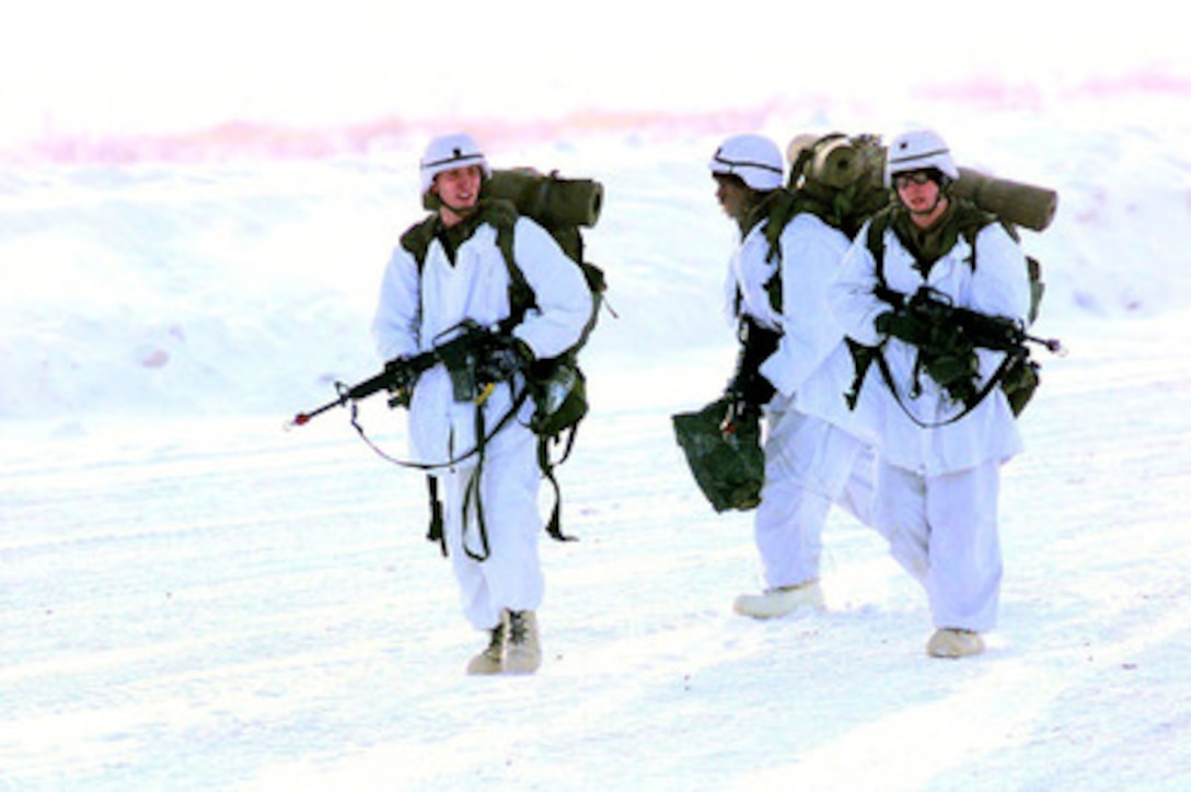 Soldiers from the 1st Battalion, 501st Infantry (Airborne) patrol the Donnely drop zone in Alaska on Feb. 18, 1998, during Exercise Northern Edge 98. More than 90,000 soldiers, sailors, Marines, airmen Coast Guardsmen and National Guardsmen are participating the exercise. Northern Edge 98 is designed to practice joint operational techniques and procedures, increasing interoperability between the services. 