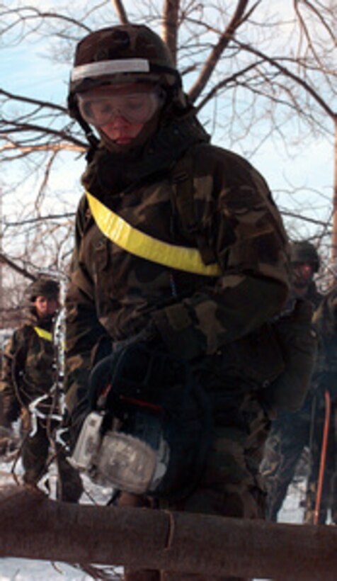 A soldier from the 642nd Engineer Company, Fort Drum, N.Y., uses a chain saw to clear fallen trees on Jan. 13, 1998. Numerous trees were damaged from heavy ice buildup following a January 8th ice storm which left thousands of upstate New York people without electrical power or heat. Personnel from Fort Drum are working around the clock in support of communities crippled by the recent ice storm. Soldiers are augmenting community clean-up efforts and providing trucks, electrical power, mobile kitchens, heaters, and more than 60,000 sand bags. 