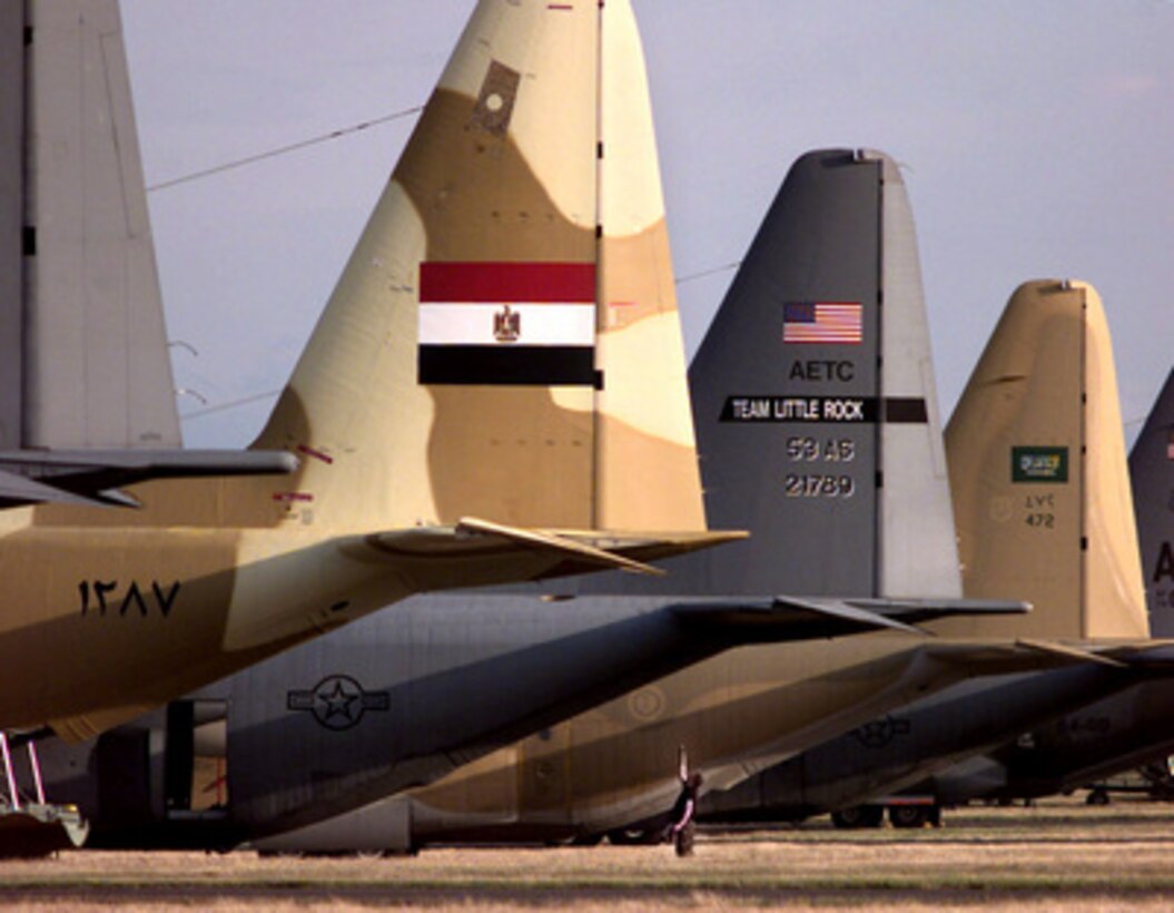 A crew member checks the tail of his C-130 Hercules before a maintenance inspection during Air Mobility Rodeo 98 at McChord Air Force Base, Wash., June 22, 1998. The maintenance inspections are one component of Rodeo 98 which tests the flight and ground skills of aircrews as well as the related skills of special tactics, security forces, aerial porters, aeromedical evacuation and maintenance members. The goal of the international airlift-tanker competition is to develop and improve techniques and procedures that enhance air mobility operations. 